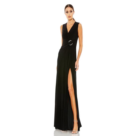 Mac Duggal 26290 Ruched Waist High Slit Black V-Neck Sleeveless Gown 4 NWT - Picture 1 of 8
